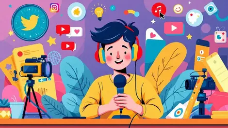 Young person recording content with microphone headphones camera smartphone social media icons creativity