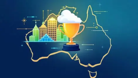 Digital cloud trophy illustration over australia outline technology innovation