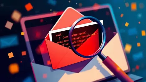 Realistic email inbox with magnifying glass revealing hidden malicious code in image attachment phishing