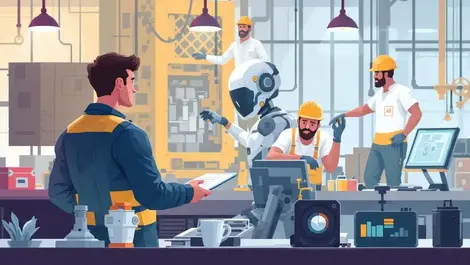 Uk industrial workers digital skills gap ai technology factory illustration