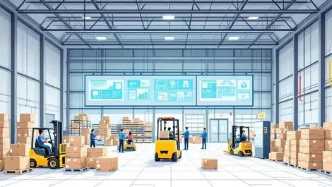 Modern warehouse interior technology screens boxes forklifts efficient activity