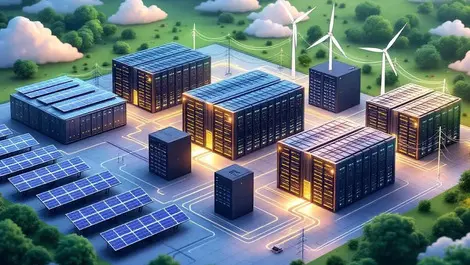 Large data centers server racks solar panels wind turbines energy flow