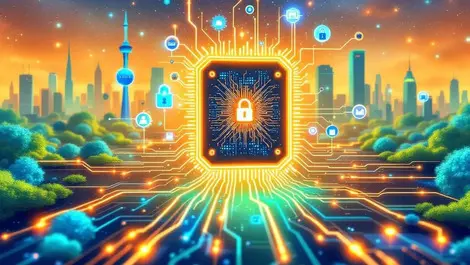 Quantum computer glowing circuits digital data encryption australian cityscape