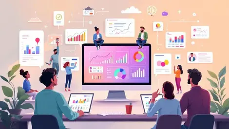 Central computer dashboard colorful data charts happy people digital engagement sectors