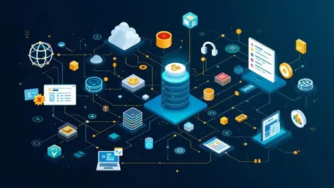 Illustration interconnected digital assets data streams organized database efficient product data management automation