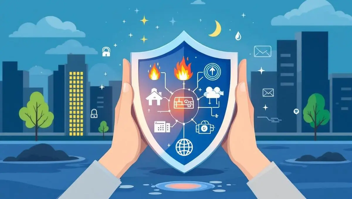 Shield protecting against fire flood digital hazards with corporate buildings nature