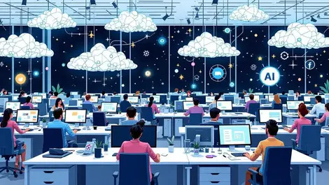 Illustration australian office staff computers ai clouds enthusiasm concern modern workspace