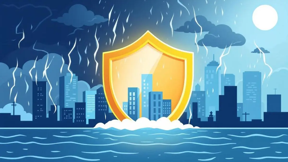 Shield protecting cityscape from thunderstorms floods financial risk
