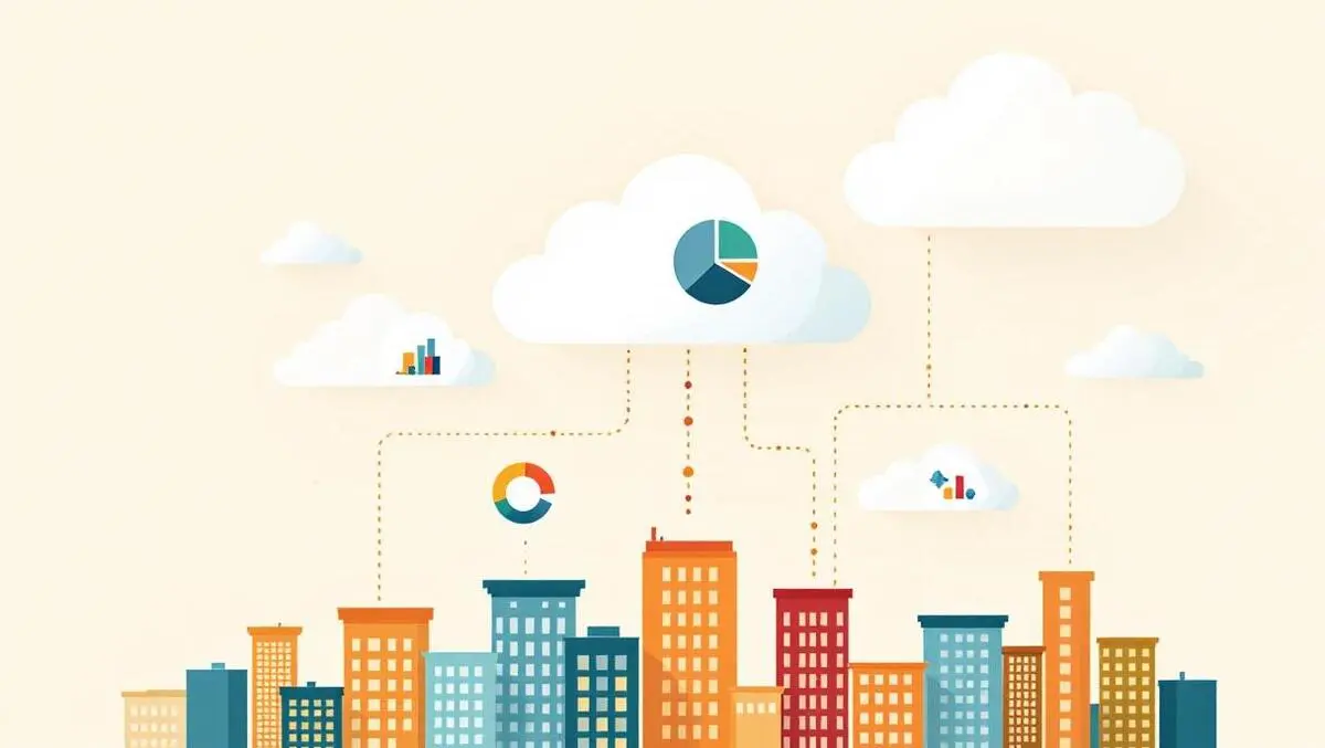 Interconnected clouds above cityscape with pie charts and graphs symbolizing cloud cost management