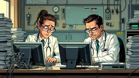 Tired uk healthcare workers old bulky computers tangled wires hospital