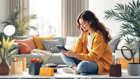 Uk shopper using digital ai assistant on tablet browsing luxury products modern living room