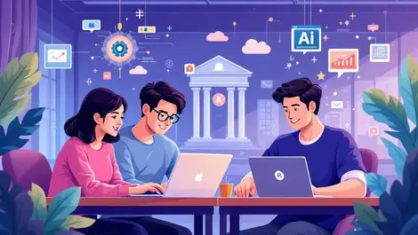 Vietnamese students collaborating laptops ai icons modern classroom bank background