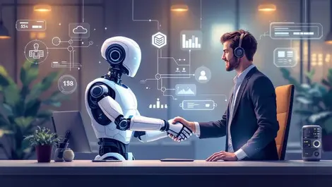 Insurance agent robot shaking hands with customer digital data flows