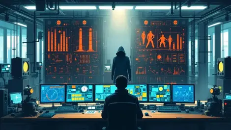 Realistic control room industrial equipment computer monitors warning cyber threat