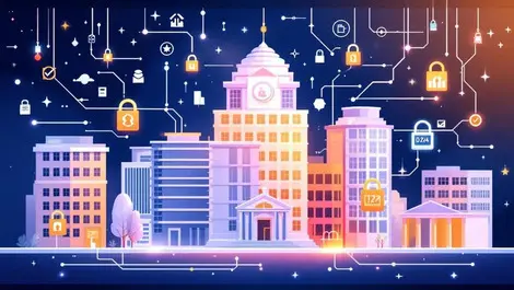 Traditional australian office buildings digital data streams secure locks banking finance