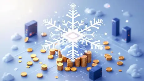 Snowflake data cloud above golden coins and server racks scene