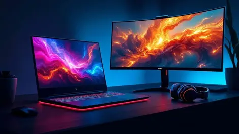 Cinematic high end gaming setup qd oled monitor laptop headset