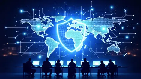 Global cyber defence shield over world map with professionals