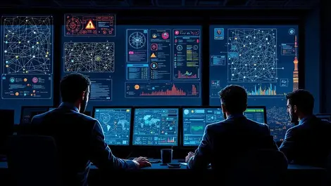 Dark ops room analysts monitors network alerts las vegas night scene