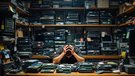 Cramped computer repair shop stressed tech amid used ram ewaste