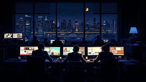 Moody uk it operations office night burnout cluttered monitors
