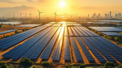 Aerial india solar farm wind turbines clean energy landscape