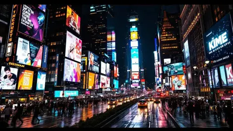 Hyperrealistic times square style night city qr billboards lights