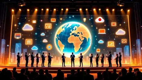 Global awards stage business pros japan cloud tech icons spotlights