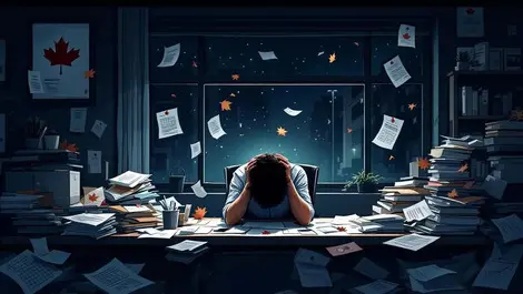 Tired canadian small business owner moody dim office paperwork