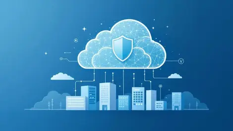 Enterprise cloud security shields above offices and data racks