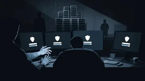 Dark cyber fraud desk with shields and law enforcement servers