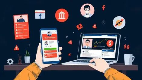 Online fraud suspicious investment ads phone laptop warning icons