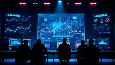 Cinematic soc dark room threat path monitors blue red glow